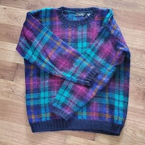 Men's Vintage Multicolor Plaid Wool Mohair  Blend Sweater - Teal & Purple Unisex